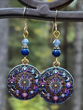 ASTROLOGY PHASES OF THE MOON Drop Earrings. Purple And Blue.